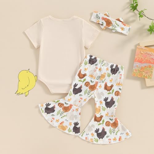 Karuedoo Newborn Baby Girl Farm Outfits Letter Print Short Sleeve Romper Chicken Flared Pants Headband 3Pcs Outfits Sets3