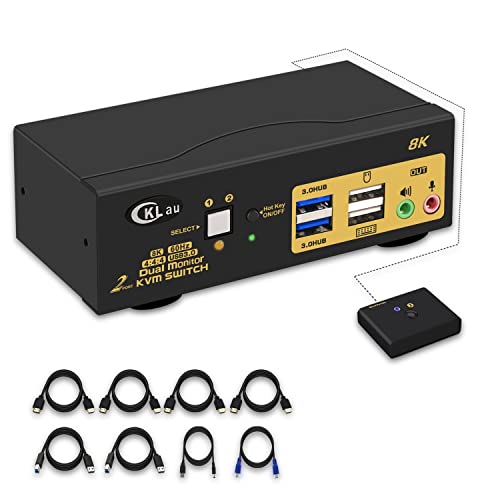 CKLau 2 Port USB 3.0 Dual Monitor HDMI KVM Switch 8K@60Hz 4K@144Hz with Audio Output and Cables Support HDMI 2.1, HDCP, HDR