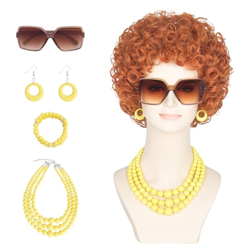 Yan Dream Women Short Curly Red Brown Wig and Glasses Yellow Oversized Jewelry Set Party Cosplay Wig
