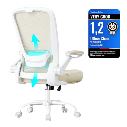 SONGMICS Office Mesh Chair Ergonomic Swivel Chair Lumbar and Head Support Wide Seat Foldable Armrests Tilt Function for Office Bedroom Oatmeal Beige OBN037K03