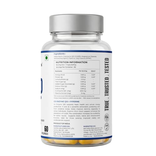 Image of NATURALTEIN Ultimate CoQ-10 200mg with Piperine 5mg | Enhanced Absorption | Supports Energy, Heart & Muscle Health, Antioxidant Support | 60 Veg Capsules