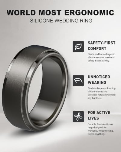 Image of Egnaro Men's Silicone Wedding Rings: Classic Black Step Edge Rubber band 10mm Wide 2.5mm Thick- Hypoallergenic for Gym /Outdoor /Gift(1 /4 /7 Variety Pack with Half Size)