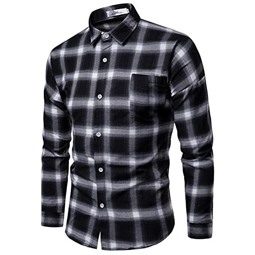 Men's Fashion Dress Shirt, Button Down Regular Fit Long Sleeve Plaid Flannel Casual Shirts Patchwork (L, Black, l)