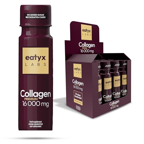 eatyx LABS Collagen Premium 16.000 mg – Hochdosiertes Trinkkollagen mit Pantenensäure & Vitamin C – Kollagen zum Trinken für Haut, Haare & Nägel – Mango-Passionsfrucht Geschmack – 12 x 80 ml eatyx LABS Collagen Premium 16.000 mg – Hochdosiertes Trinkkollagen mit Pantenensäure & Vitamin C – Kollagen zum Trinken für Haut, Haare & Nägel – Mango-Passionsfrucht Geschmack – 12 x 80 ml