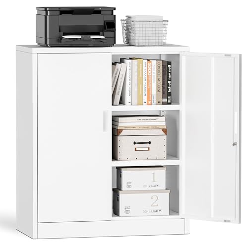 Image of Metal Garage Storage Cabinets,36 inch Steel File Cabinet with 2 Adjustable Shelves, Lockable Storage Cabinets for Office, Home, Garage, Warehouse 36 inch H x 32 inch W x 16 inch D (White)