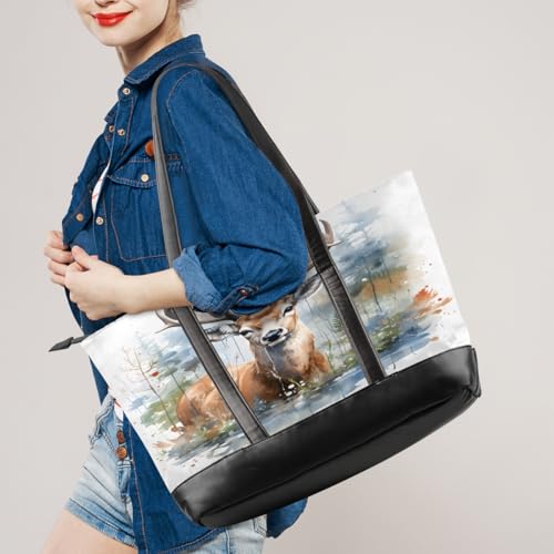 Deer Pattern Laptop Tote Bag for Women 15.6 Inch Lightweight Computer Shoulder Purse Bag with Compartment for Work Travel Laptop Organizer Handbag2