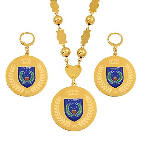 Parure de bijoux en acier inoxydable avec pendentif en forme de drapeau de Pohnpei, collier et boucles d'oreilles, chaîne à boules rondes Micronésie, 60cm by 8mm Beads, Plaqué or