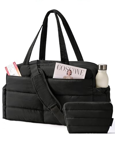 BAGSMART Gym Bag for Women, Lightweight Puffer Duffle Bag 2-PC Travel Bag, 31L Weekender Overnight Bag Quilted Carry On Tote Bag, Diaper Hospital Dance Bag for Travel, Gym, Water Resistant, Black