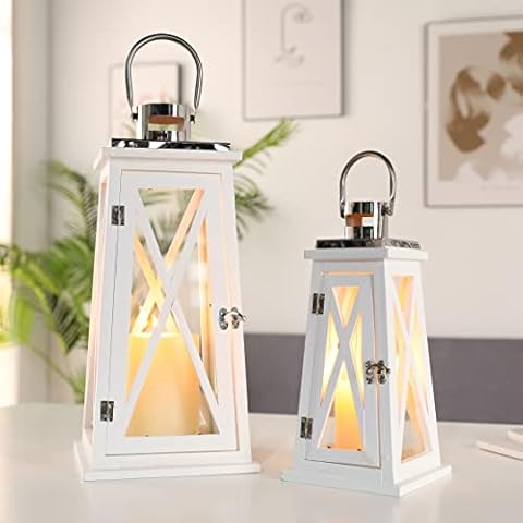TRIROCKS 2 Stück Kerzen Laternen Holz Kerzenhalter Vintage Kerzenständer mit Glas Silber Metallring Gartendeko Grablaterne Balkon Deko für Muttertag Hochzeit Weihnachten Wohnzimmer Terrasse Outdoor Cover