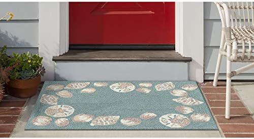 Liora Manne CAPRI Indoor/Outdoor Handmade Synthetic Blend Durable Area Rug - Traditional Geometric Coastal Beach Accent (Seashell Border Aqua) (2' x 3')