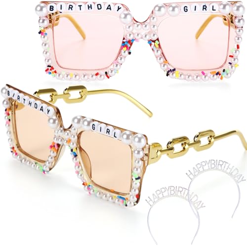 Hoteam 4 Pcs Birthday Decorations Including 2 Pcs Birthday Glasses Square Pearl Sunglasses 2 Pcs Pearl Rhinestone Birthday Headband for Women Girls Party Gifts Accessories