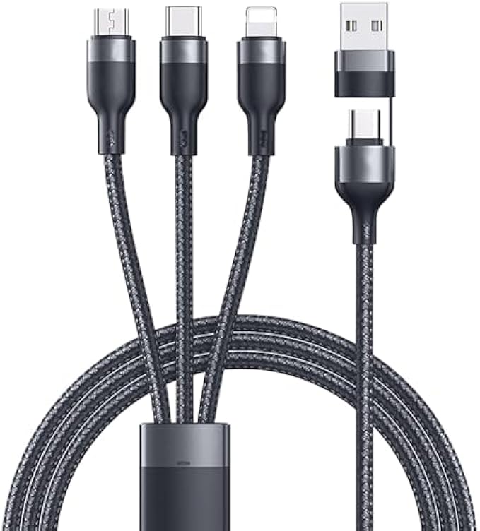 4FT Multi 5 in 1 Charging Cable, USB-C/A Multi Charger Cable to Type C+Micro+IP Port, Universal Multi Charging Cable for iPhone 15/15 Pro/15 Plus/15 Pro Max/Samsung S23/S22/Huawei/Android(Grey)