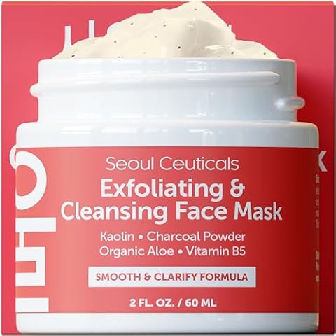 SeoulCeuticals Korean Face Scrub - Exfoliating Face Mask Skincare K Beauty Mask for Glass Skin - Kaolin Clay + Charcoal Cream Exfoliant Mask 2oz Cover