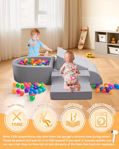 Auksay Baby Climbing Blocks, Soft Play Set for Crawling Baby 6-12 Months, Anti-Slip Particles Bottom & Velcro Connectors, High-Density Foam Gym with Soft Fabric Cover (Balls not Included) (Grey)