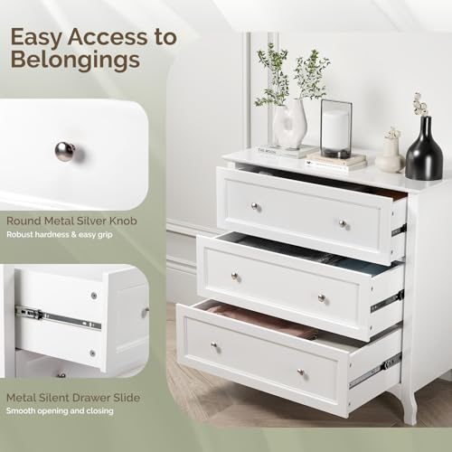 Image of VINGLI White Dresser 3 Drawer Chest of Drawers for Bedroom, Painted Wood Dresser with Large Drawers and Curved Legs, 31.5 inch W Large Nightstand, 31.5 inch W*15.75 inch D*31.5 inch H