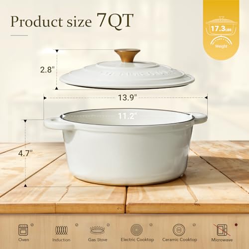 Image of Overmont Enameled Cast Iron Dutch Oven - 7QT Pot with Lid Cookbook & Cotton Potholders - Heavy-Duty Cookware for Braising, Stews, Roasting, Bread Baking PearlWhite