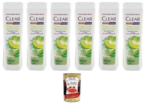 Clear Sport Daily Purifying - Champú anticaspa para cuero cabelludo y cabello graso, 6 x 225 ml + Polpa italiana Gourmet 400 g