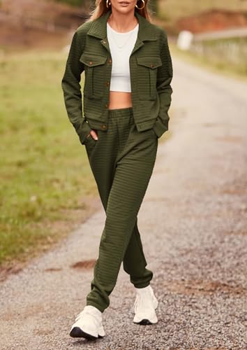 Image of PRETTYGARDEN Womens Two Piece Sets Fall 2026 Long Sleeve Button Down Shacket Jacket Long Sweatpants Tracksuit Winter Clothes