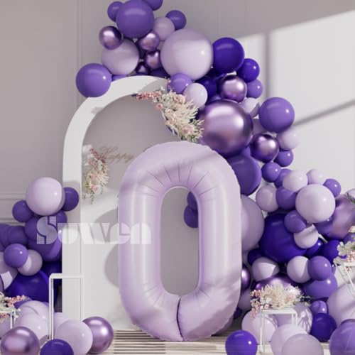 Image of SUWEN 40 Inch Light Purple Lavender Big 0 Balloon Number Foil Helium 0-9 | 0th Large Giant Huge Mylar Jumbo Happy Birthday Party Anniversary Decorations
