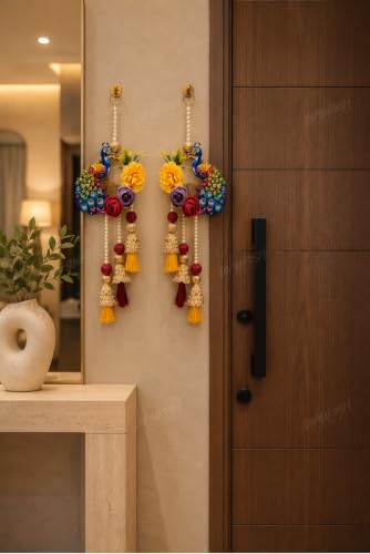 Image of Divyakosh Peacock Side Door Hanging Set of 2 for Home Entrance Decoration, Handmade Decorative Floral Door Hanging with Artificial Flowers, Pearl Bead & Tassels, Main Door Wall Decor for Diwali, Pooja