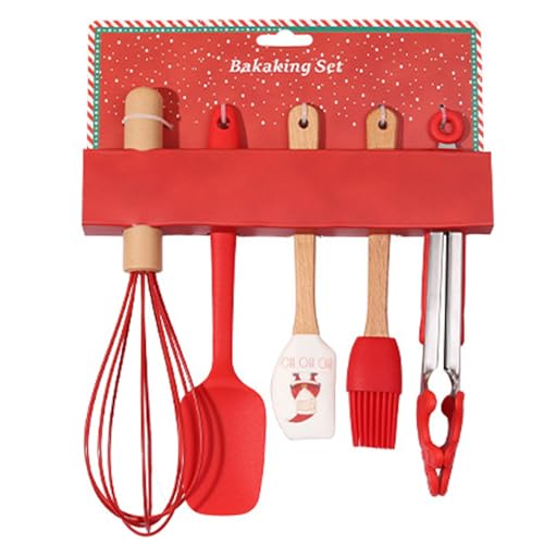 Set da 5 pezzi di forniture per dolci natalizi, spatola natalizia a tema alimentare con frusta, pinza, pennello, set di simpatici utensili da forno per cucinare, saltare in padella, mescolare, se