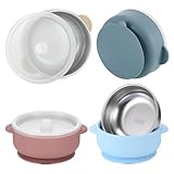 TranRantic 4 Stück Edelstahl Schüssel Kinder mit Saugnapf, Rutschfest Edelstahl Breischale Kinder mit Deckel, BPA-Frei Rdelstahlschüssel für Brei und Snacks(4 Farbe)