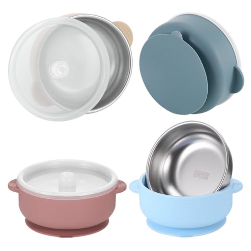 TranRantic 4 Pièces Bols Bebe avec Ventouse, Bol Enfant en Acier Inoxydable avec Couvercle, Assiette Inox Bebe Antidérapant, Incassable et Sans Dégâts,...
