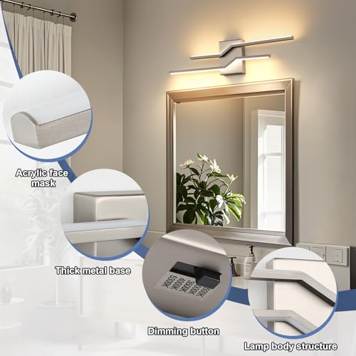 Image of 24 Inch Vnaity Lighting Led Bathroom Lights Over Mirror Brushed Nickel Dimmable 5CCT 24W Modern Bath Vanity Lights Bar Wall Sconces