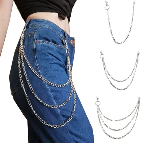 Meet-shop Hosenkette,Jeans Ketten 3 Stück Punk Hip Hop Jeans Brieftasche Kette Gürtel Ketten Tasche Kette mit Karabinerhaken Zubehör,Silber Cover