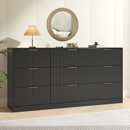 Image of Dresser for Bedroom with 9 Drawer, 63 inch Long Black Dresser Modern Chest of Drawers with Metal Handle, Wood TV Stand Storage Organizer for Bedroom, Living Room, Black