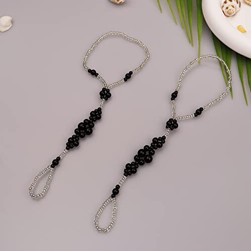 Image of Bohemian Handmade Shell Starfish Barefoot Sandals 2pcs Beach Wedding Foot Chain with Toe Ring for Bride Turquoise Crystal Pearl Beaded Anklet Accessory (Black pearl)