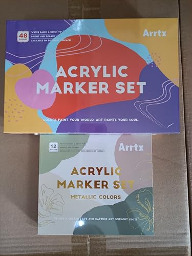 Arrtx アクリルペイントマーカー 60色セット メタリック12色含む 岩石絵付け用 ブラシ先端 耐水性 布・ガラス・木工DIY対応 無毒無臭