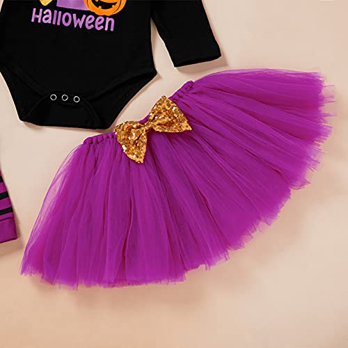 4Pcs Baby Girls My 1St Halloween Skirt Set Pumpkin Print Romper+Bow Tutu Dress+Headband+Leg Warmers Outfits Clothes(Purple,0-3 Months) #TOP6