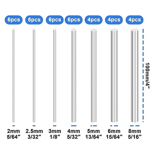 YINETTECH 36 Stück Massiver Rundstab, Edelstahlstäbe Durchmesser 2/2,5/3/4/5/6/8 Mm, Länge 100 Mm, Edelstahl-Stangenmaterial für Drehmaschinen, Modellautos, Schiffe, Flugzeuge, DIY-Projekte