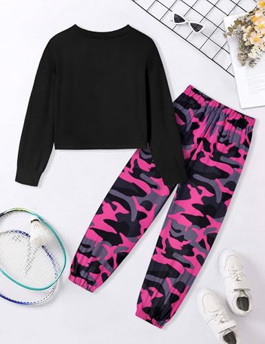 Image of NECIOUS Girls Fall Outfits 2 Piece Fashion Twist Front Pullover Sweatshirt and Camo Pants Clothing Sets 5-14Y