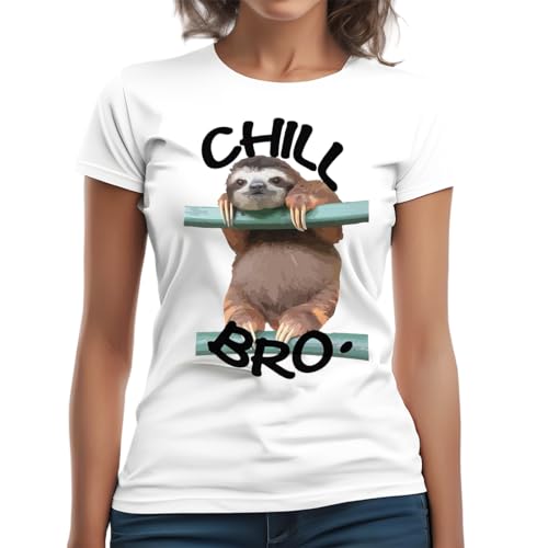 Forsca Sloth Says Chill Bro Women's Classic Short Sleeve Crew Neck T-Shirt Blanco, white, 3XL