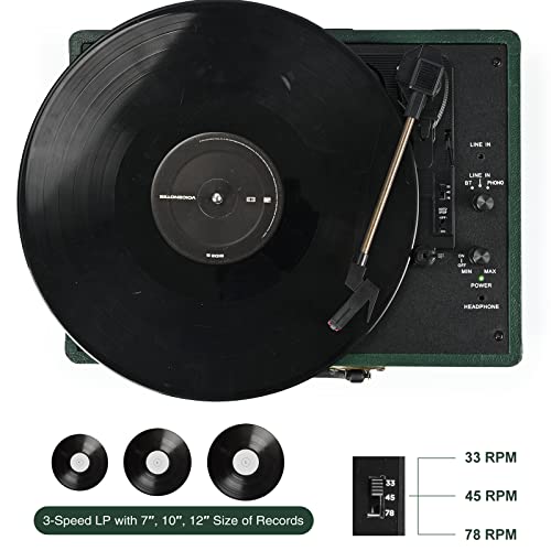Image of Vinyl Record Player 3-Speed Bluetooth Suitcase Portable Belt-Driven Record Player with Built-in Speakers RCA Line Out AUX in Headphone Jack Vintage Turntable Dark Green