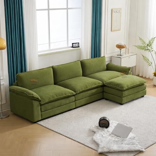 Image of SRMS Sectional Sofa Modern Deep 4 -Seat Sofa Couch | 3 + 1 ottoman | Chenille Sofa Sleeper Comfy Upholstered Furniture for Living Room, Apartment, Studio, Office | L Shape | Olive Green
