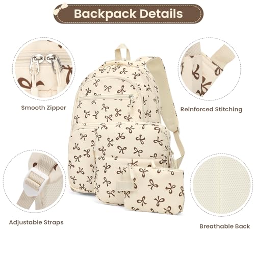 Image of Coquette Bow Backpack - Cute Kawaii Backpack Set Aesthetic Daypack Bow Rucksack (A05 Bow Beige)