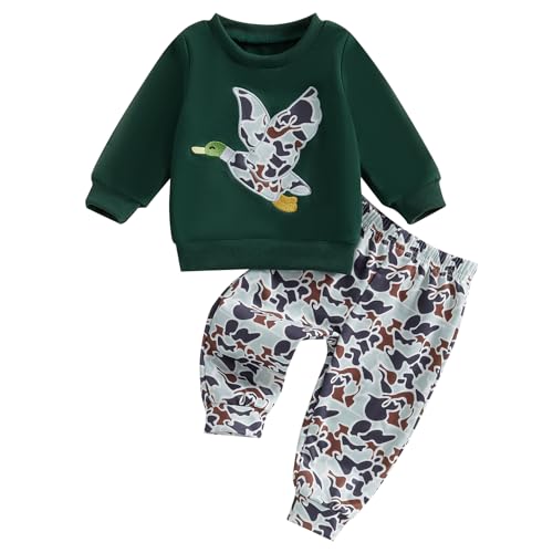 Image of KtwHarnu Toddler Baby Boy Hunting Outfit Mallard Duck Long Sleeve Crewneck Sweatshirt and Pants Set 2Pcs Infant Fall Clothes