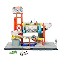 Matchbox Toy Car Track Set, Spin Cyclone Car Wash Playset with 1:64 Scale Corvette & Tow Truck, Features Spinning Wash Tunnel, Tune-Up Shop & Parking