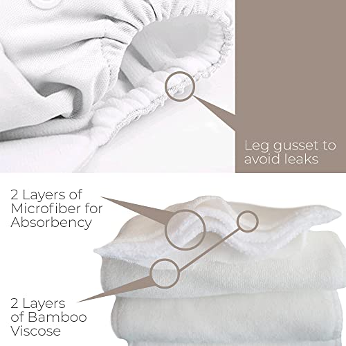 Nora's Nursery Cloth Diapers 7 Pack With 7 Bamboo Inserts & 1 Wet Bag - Waterproof Cover, Washable, Reusable & One Size Adjustable Pocket Diapers For Newborns And Toddlers - Pacific Neutrals #TOP5