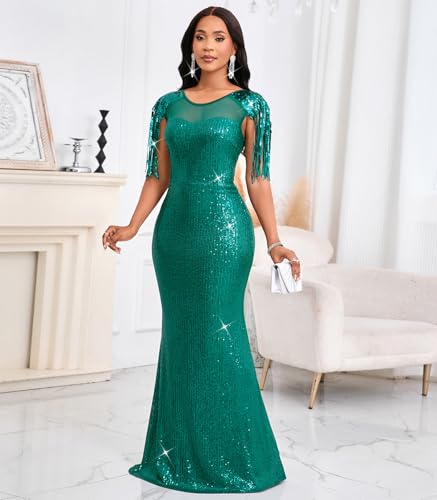Image of Cololura Sexy Sequin Tassel Mesh Perspective Party Cocktail Bodycon Evening Club Maxi Dress
