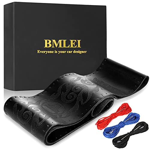 BMLEI Leather Steering Wheel Cover, Non-Slip Car Steering Wheel Wrap with Soft Padding, Stitch On Wrap, DIY Car Wheel Cover Protector 15inch Universal Fit (Black)
