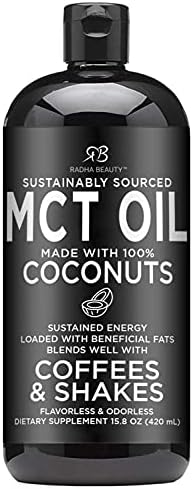 Radha Beauty Premium MCT Oil Made only from Non-GMO Coconuts – 15.8oz. Keto, Paleo, Gluten Free and Vegan Approved.
