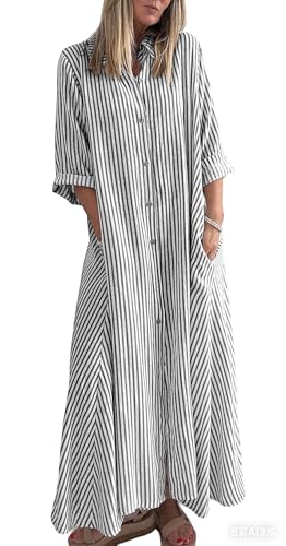 chouyatou Women 2026 Summer Boho Striped Maxi Shirt Dress 3/4 Sleeve Business Casual Button Down Long Dress (Medium, Black)