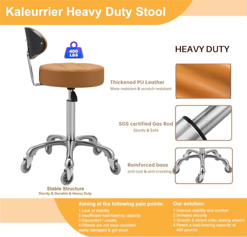Image of Kaleurrier Rolling Stool with Back Support: Adjustable Height 22-30 inches for Nail Lash Tech Stylist - Heavy Duty Stool Chair with Wheels for Salon Shop Office Kitchen Garage