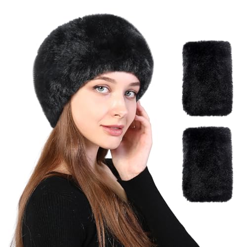Hifot Fellmütze Stirnband Winter mit Fingerlose Handschuhe, Kunstfell Ohrenwärmer Damen mit Handschuhe Ohne Finger, Ohrenschützer Russische Mütze Pelzmütze Winter Kostüm