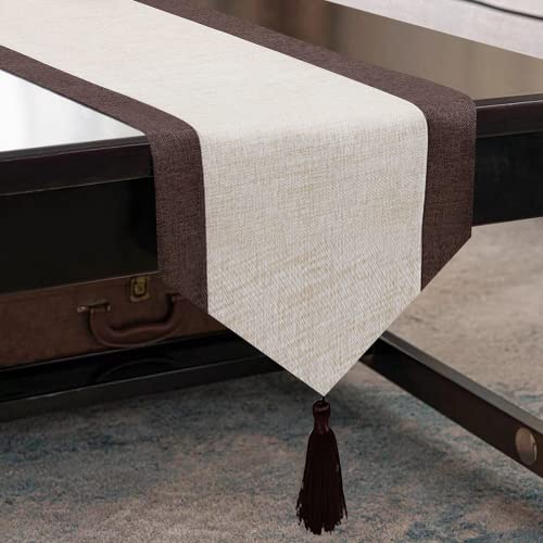 Camino de Mesa Lino Rústico Borlas Tapete Mesa Table Runner Decoración Mesa para Salon Picnic Fiesta Cocina Boda Restaurante Beige 33*150cm