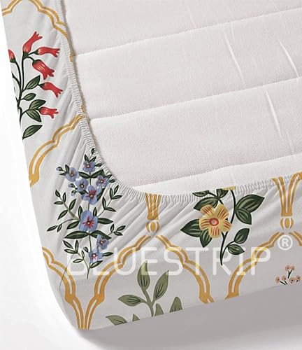 Image of Blue Strip 300 TC Cotton Feel Glace Cotton Elastic Fitted Printed Queen Size Double Bed Bedsheet with 2 Pillow Covers Fits Upto 8 inches,Size- 60x78x8 Inches